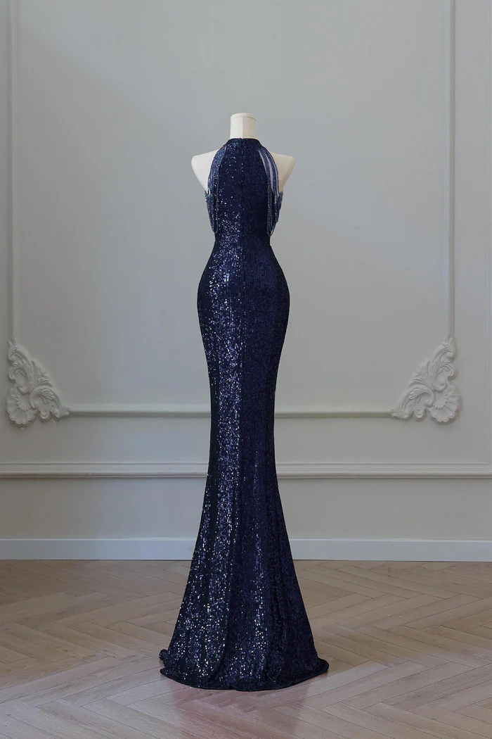Navy Blue Sequins Long Mermaid Prom Dress Off The Shoulder Evening Dress  P663
