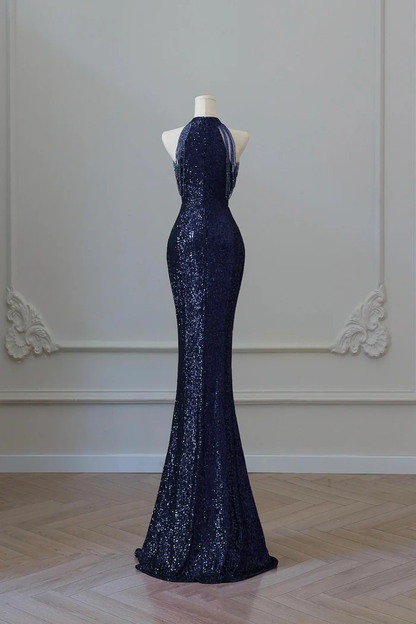 Navy Blue Sequins Long Mermaid Prom Dress Off The Shoulder Evening Dress  P663