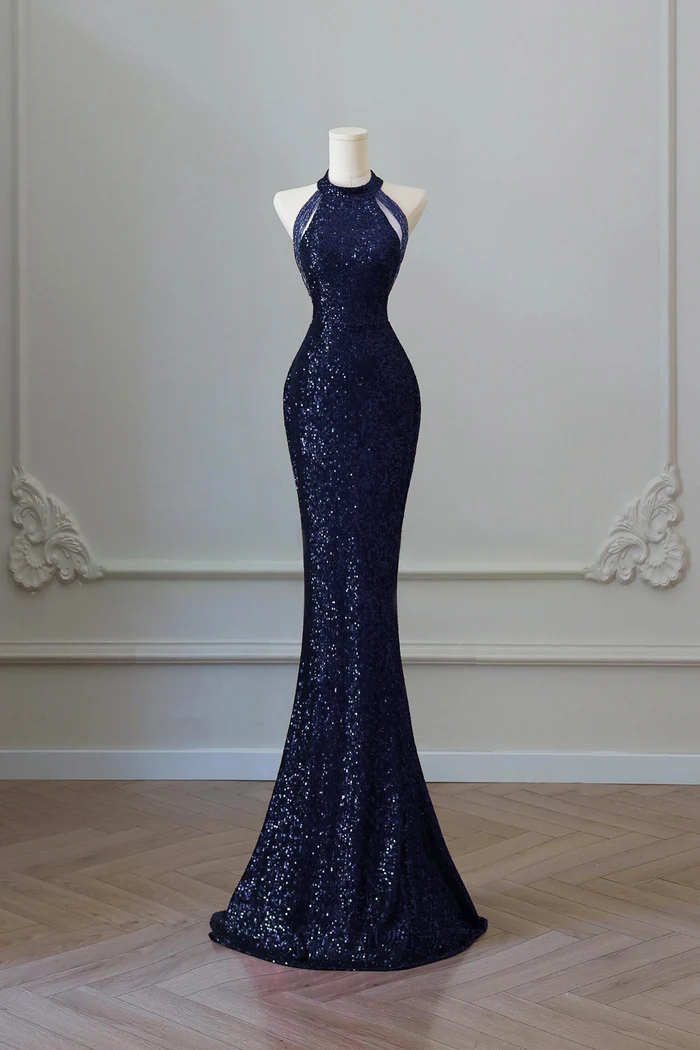 Navy Blue Sequins Long Mermaid Prom Dress Off The Shoulder Evening Dress  P663