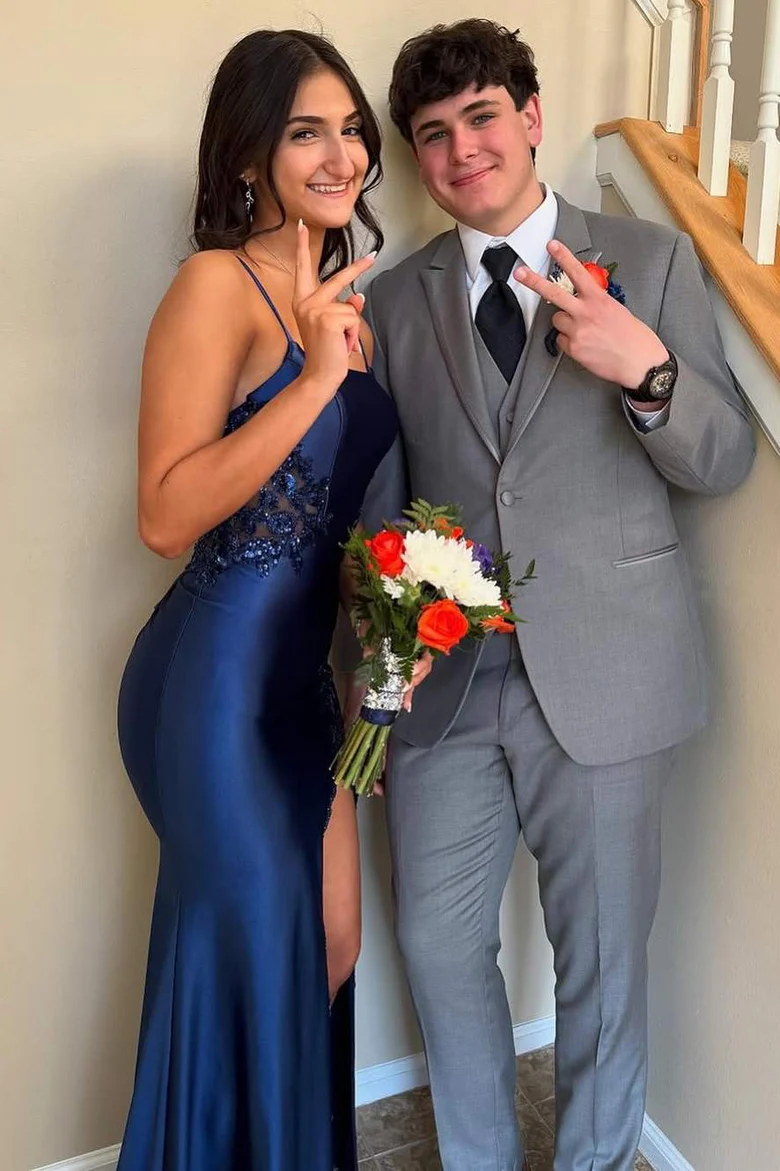 Navy Blue Spaghetti Straps Appliques Mermaid Long Prom Dress With Slit  P857
