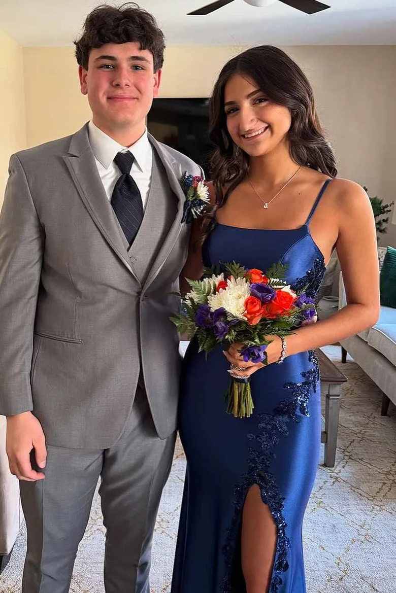 Navy Blue Spaghetti Straps Appliques Mermaid Long Prom Dress With Slit  P857