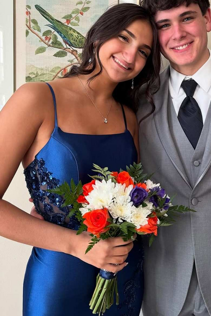Navy Blue Spaghetti Straps Appliques Mermaid Long Prom Dress With Slit  P857