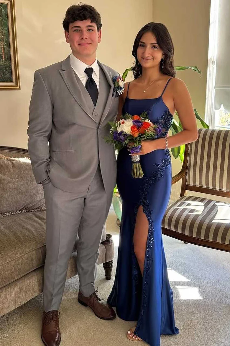 Navy Blue Spaghetti Straps Appliques Mermaid Long Prom Dress With Slit  P857