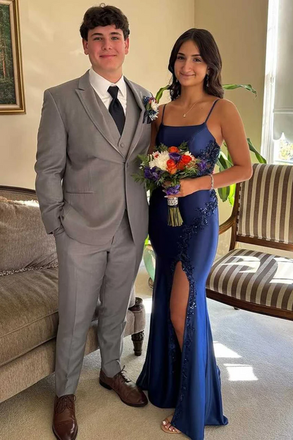 Navy Blue Spaghetti Straps Appliques Mermaid Long Prom Dress With Slit  P857