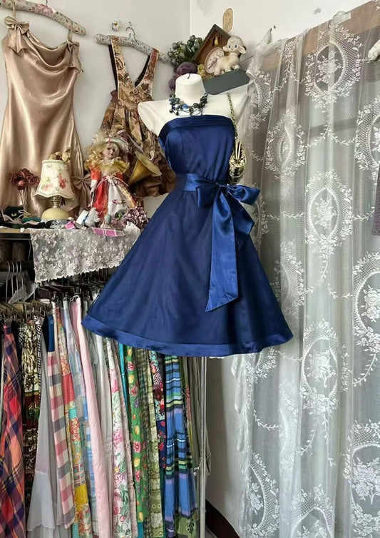 Navy Blue Strapless Satin Cocktail Dress A-line Party Dresses  P2195