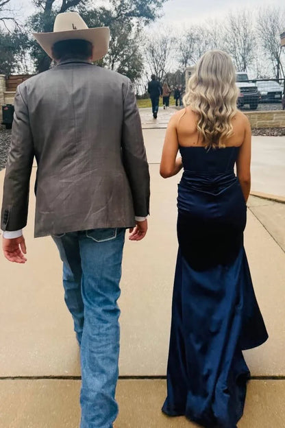 Navy Blue Sweetheart Pleats High Slit Satin Formal Prom Dress  P1152