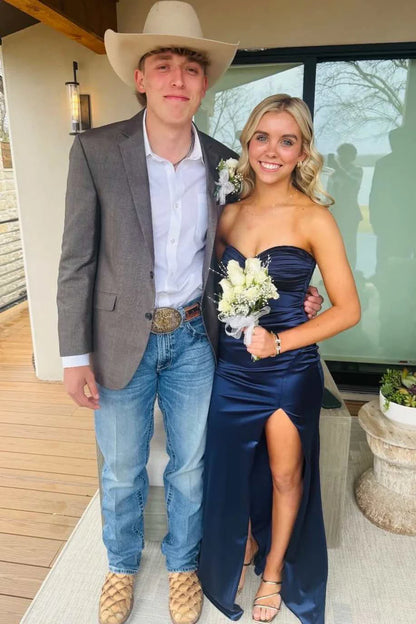 Navy Blue Sweetheart Pleats High Slit Satin Formal Prom Dress  P1152