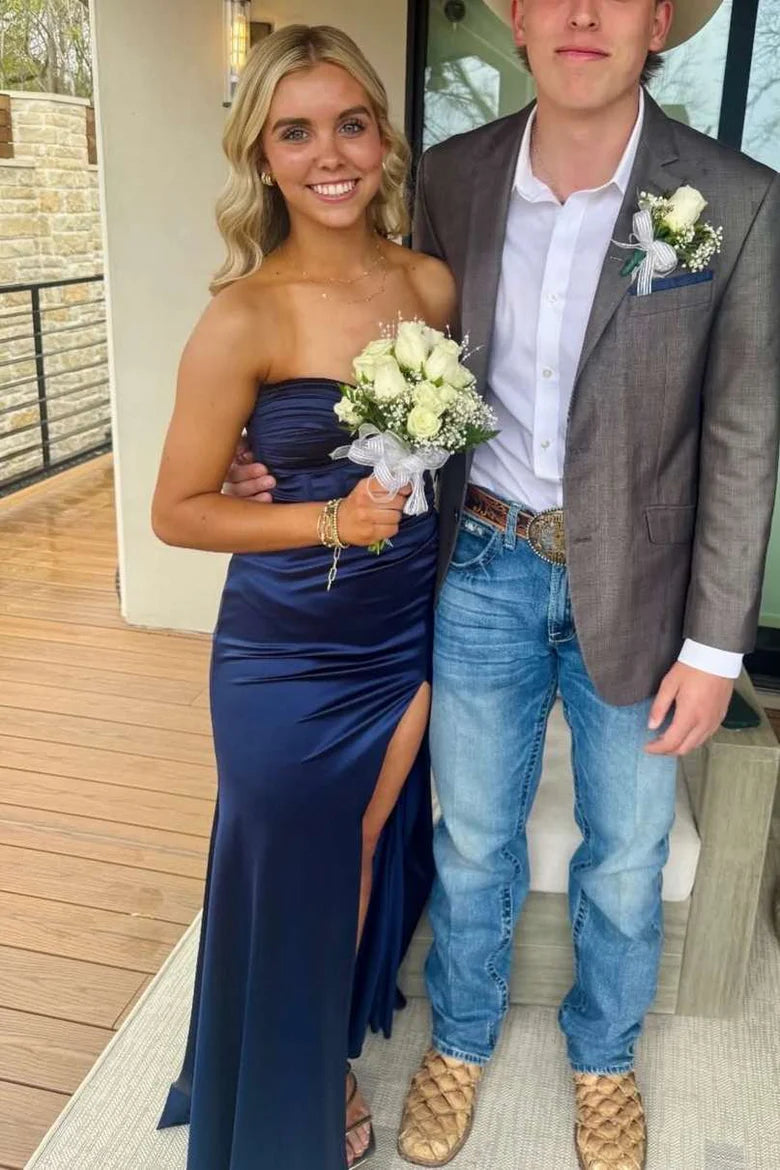 Navy Blue Sweetheart Pleats High Slit Satin Formal Prom Dress  P1152