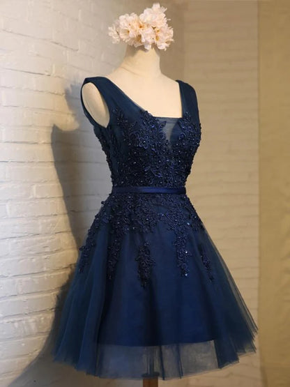 Navy Blue Tulle A Line Homecoming Dress With Appliques   P2296