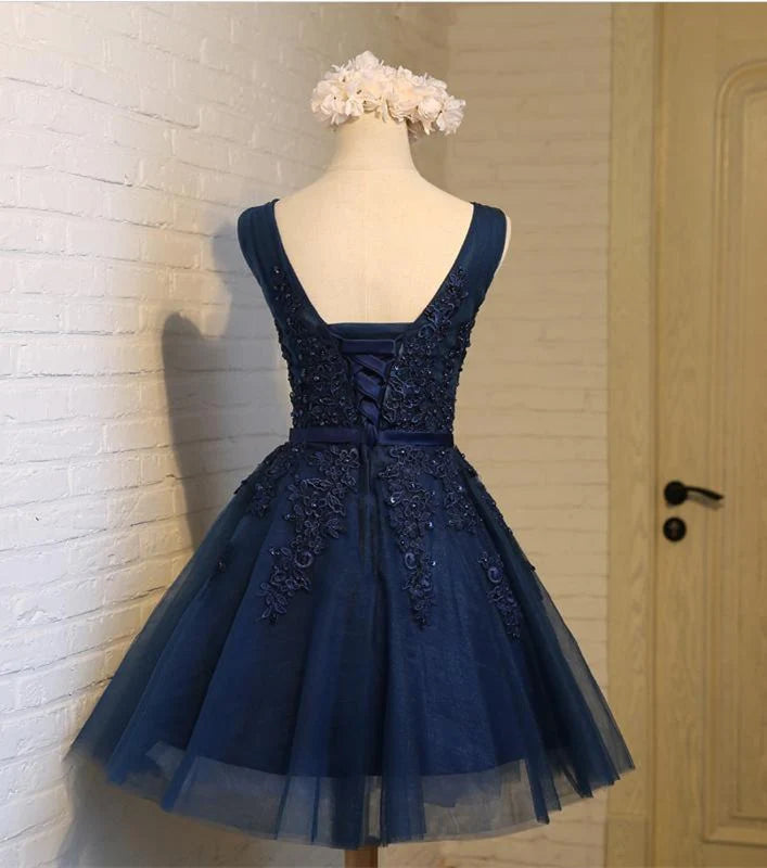 Navy Blue Tulle A Line Homecoming Dress With Appliques   P2296
