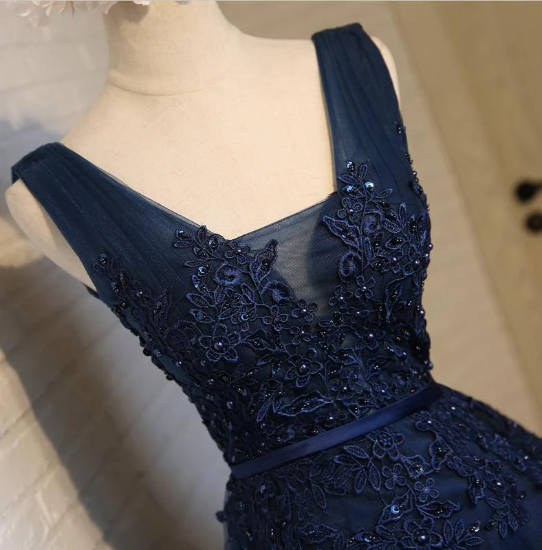 Navy Blue Tulle A Line Homecoming Dress With Appliques   P2296