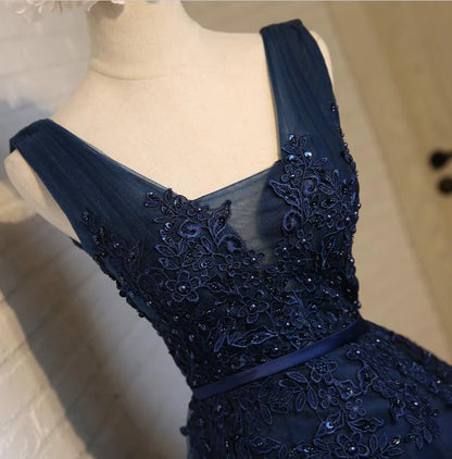 Navy Blue Tulle A Line Homecoming Dress With Appliques   P2296