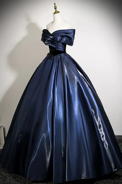 Navy Satin Long Prom Dress With Applique Elegant Off The Shoulder A-Line Party Dress  P656