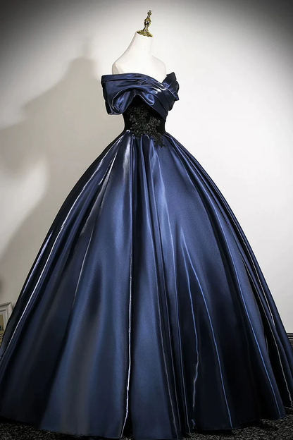 Navy Satin Long Prom Dress With Applique Elegant Off The Shoulder A-Line Party Dress  P656
