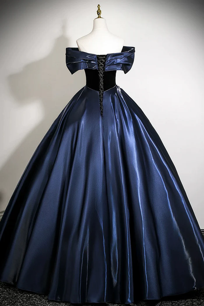 Navy Satin Long Prom Dress With Applique Elegant Off The Shoulder A-Line Party Dress  P656