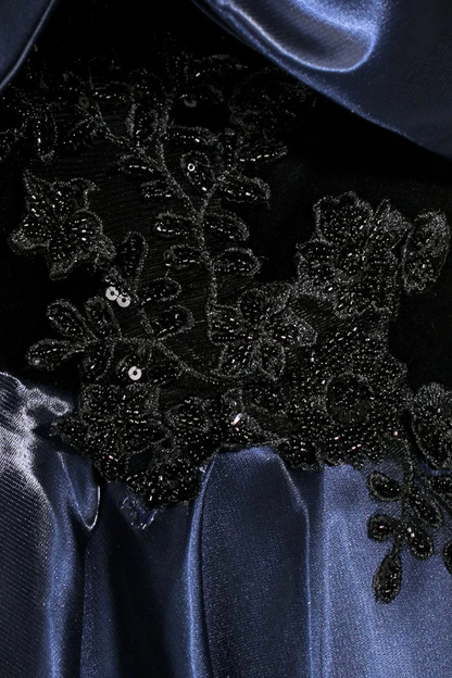 Navy Satin Long Prom Dress With Applique Elegant Off The Shoulder A-Line Party Dress  P656
