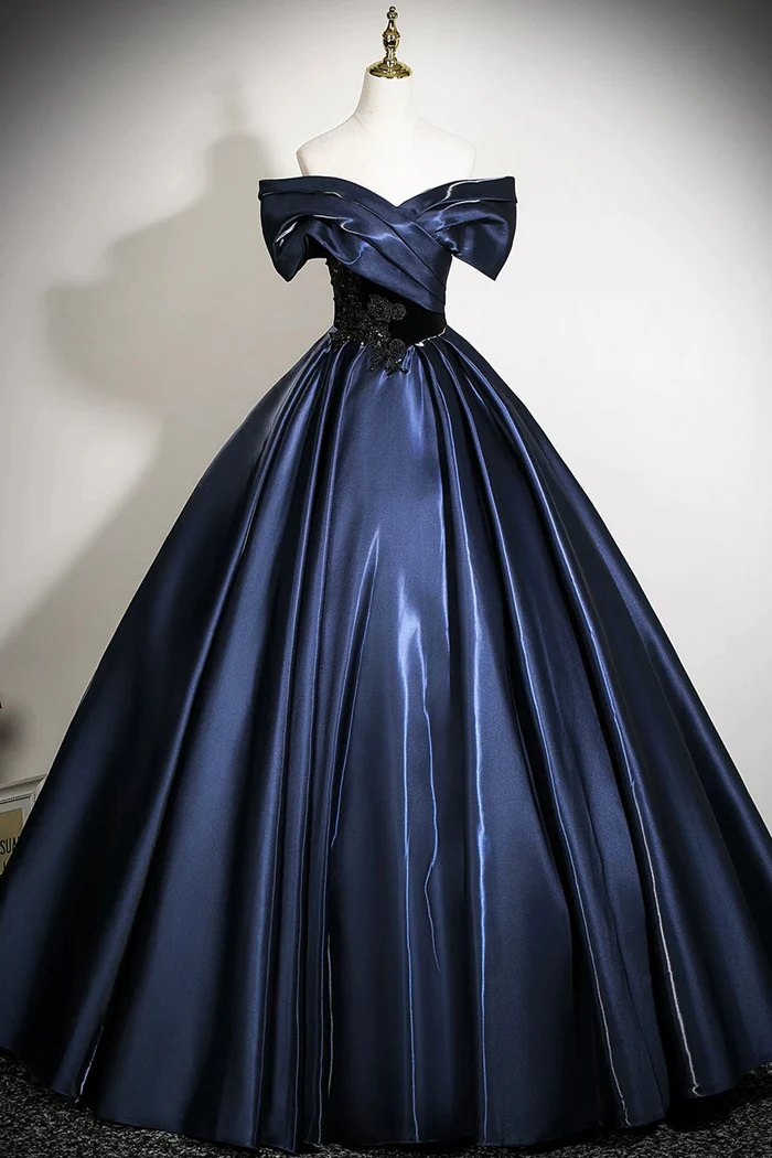 Navy Satin Long Prom Dress With Applique Elegant Off The Shoulder A-Line Party Dress  P656