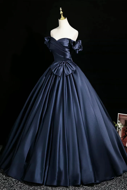 Navy Satin Prom Party Dress A-Line Off The Shoulder Evening Gown  P653