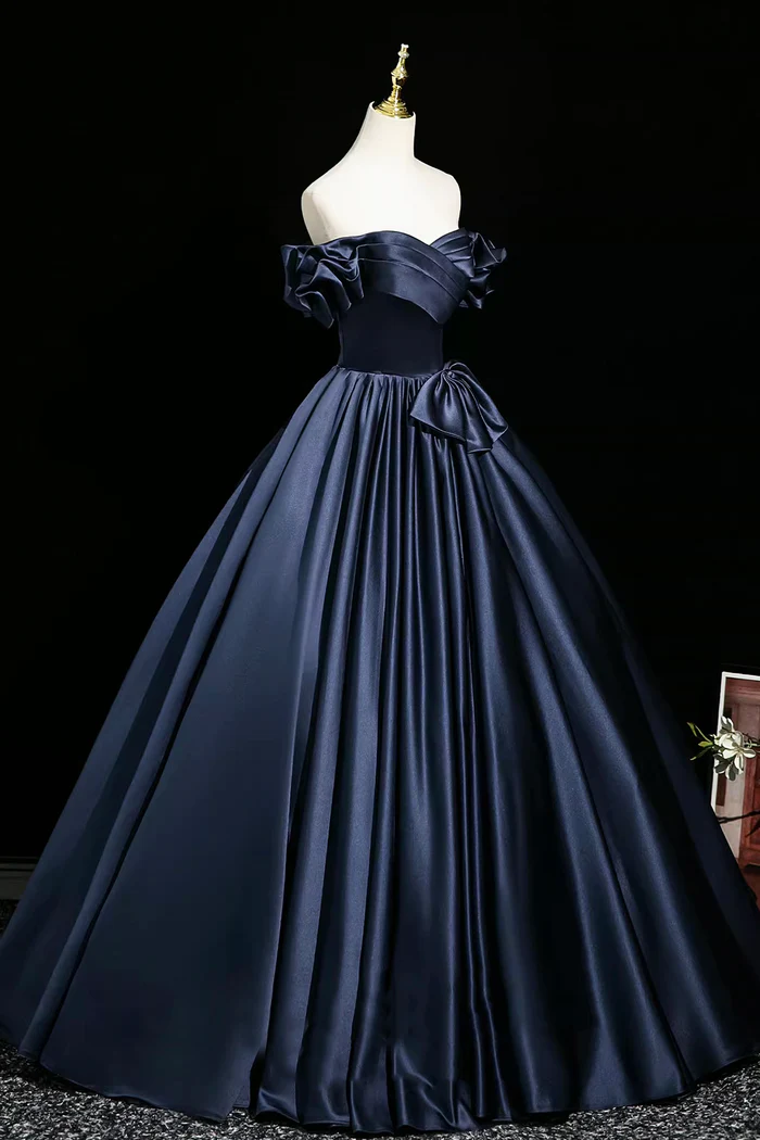 Navy Satin Prom Party Dress A-Line Off The Shoulder Evening Gown  P653