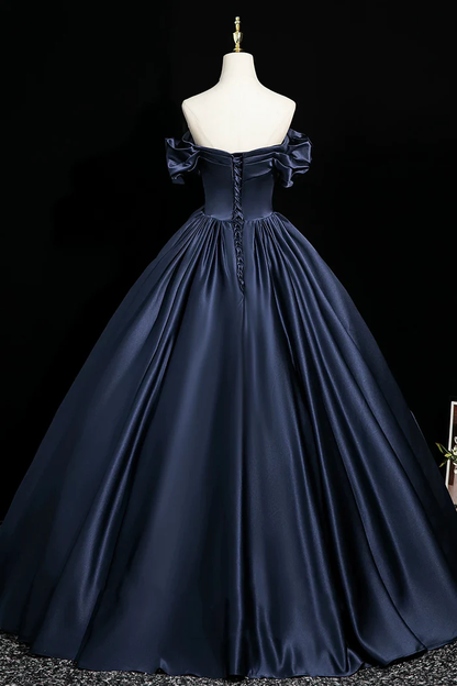 Navy Satin Prom Party Dress A-Line Off The Shoulder Evening Gown  P653