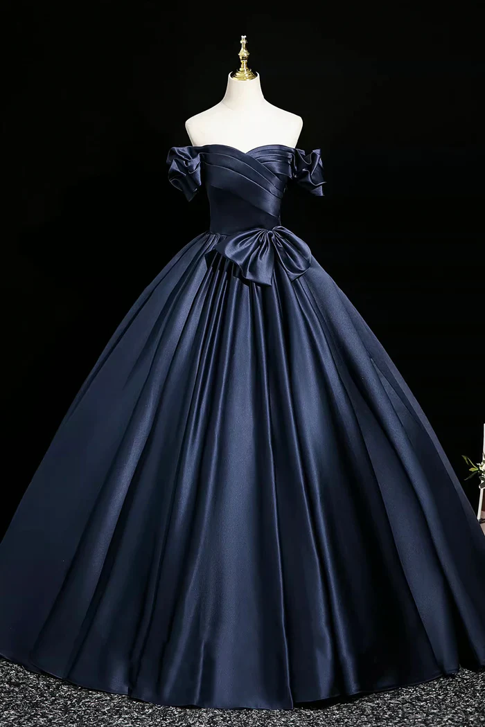 Navy Satin Prom Party Dress A-Line Off The Shoulder Evening Gown  P653