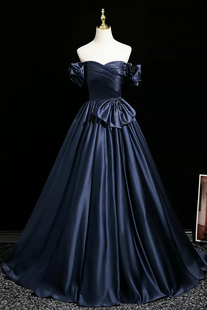 Navy Satin Prom Party Dress A-Line Off The Shoulder Evening Gown  P653