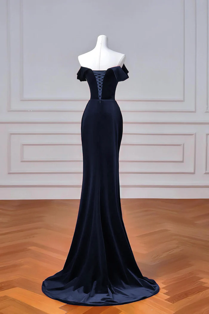 Navy Velvet Long Mermaid Prom Dress Elegant Off The Shoulder Evening Dress  P664