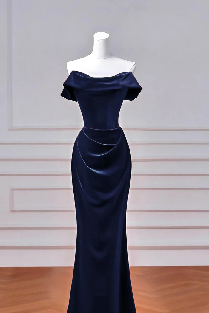 Navy Velvet Long Mermaid Prom Dress Elegant Off The Shoulder Evening Dress  P664