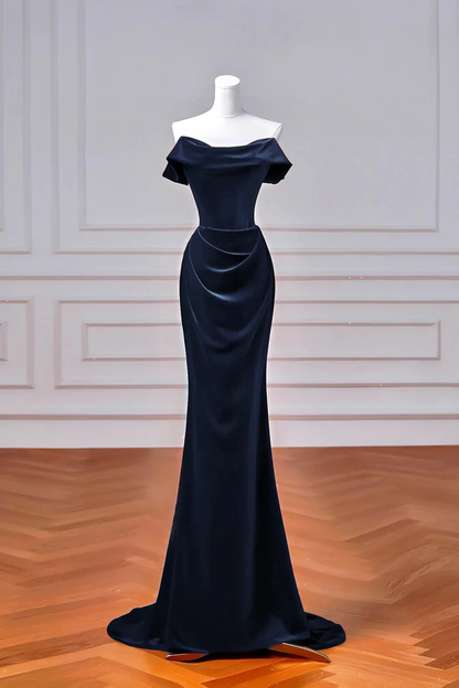 Navy Velvet Long Mermaid Prom Dress Elegant Off The Shoulder Evening Dress  P664