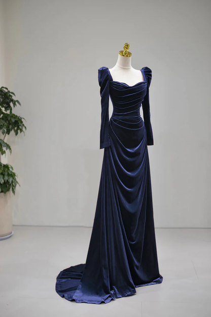 Navy Velvet Long Sleeve Prom Dress A-Line Ruched Formal Evening Gown  P655