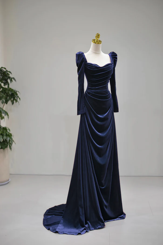Navy Velvet Long Sleeve Prom Dress A-Line Ruched Formal Evening Gown  P655