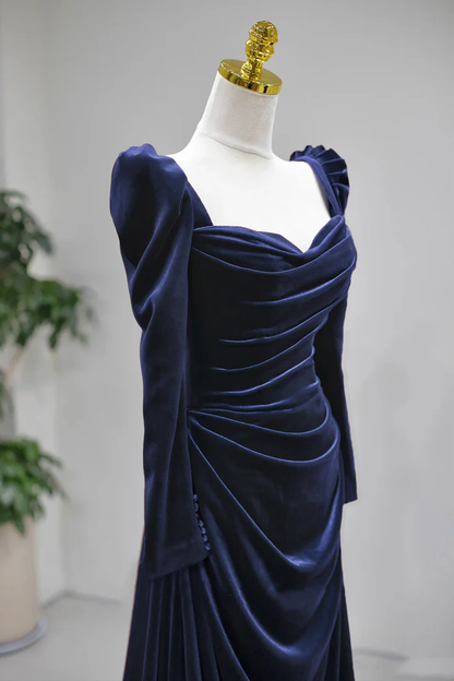 Navy Velvet Long Sleeve Prom Dress A-Line Ruched Formal Evening Gown  P655