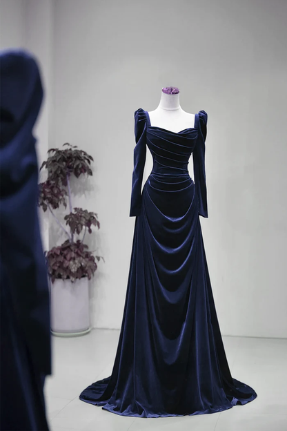 Navy Velvet Long Sleeve Prom Dress A-Line Ruched Formal Evening Gown  P655