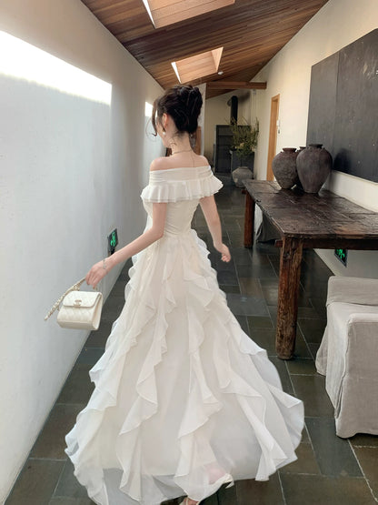 Off The Shoulder White Ruffled Wedding Dress A Line Birthday Dress  P1634
