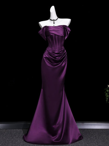Off The Shoulder Purple Satin Prom Dress Formal Evening Gown  P1190