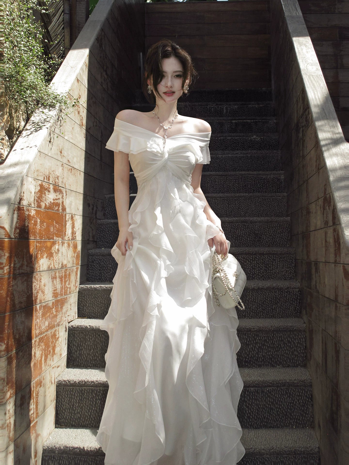 Off The Shoulder White Ruffled Wedding Dress A Line Birthday Dress  P1634