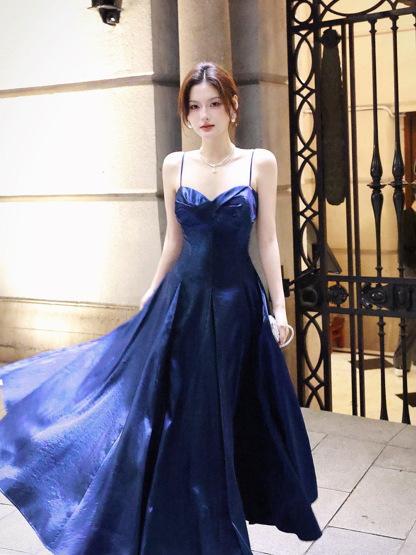 Spaghetti Straps Navy Blue A Line Long Prom Dress  P944