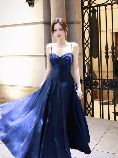 Spaghetti Straps Navy Blue A Line Long Prom Dress  P944