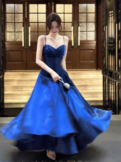Spaghetti Straps Navy Blue A Line Long Prom Dress  P944