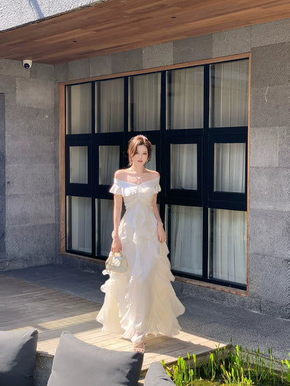 Off The Shoulder White Ruffled Wedding Dress A Line Birthday Dress  P1634