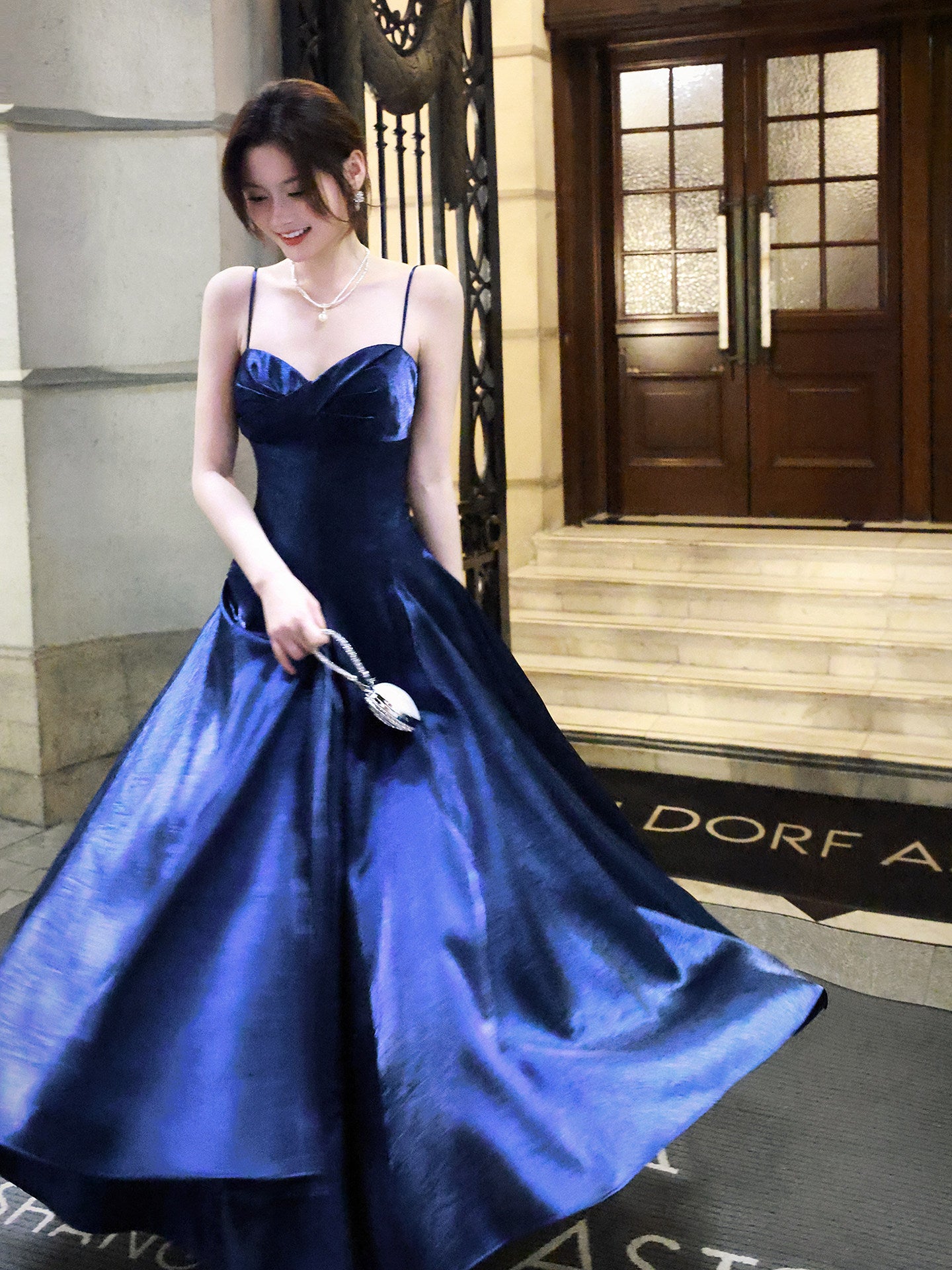 Spaghetti Straps Navy Blue A Line Long Prom Dress  P944
