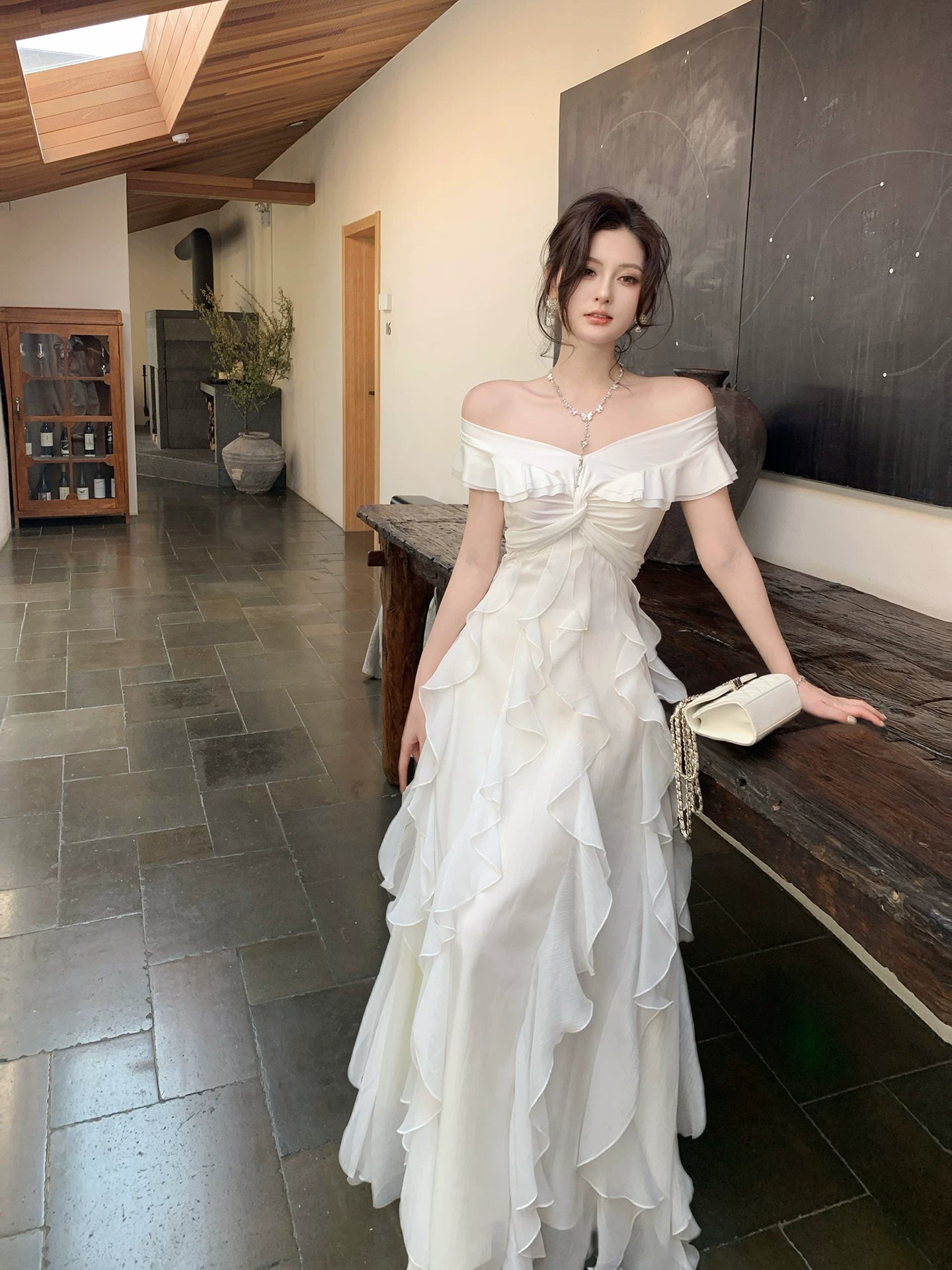 Off The Shoulder White Ruffled Wedding Dress A Line Birthday Dress  P1634