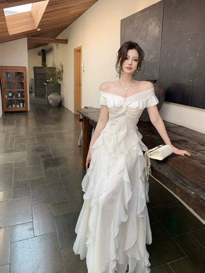 Off The Shoulder White Ruffled Wedding Dress A Line Birthday Dress  P1634