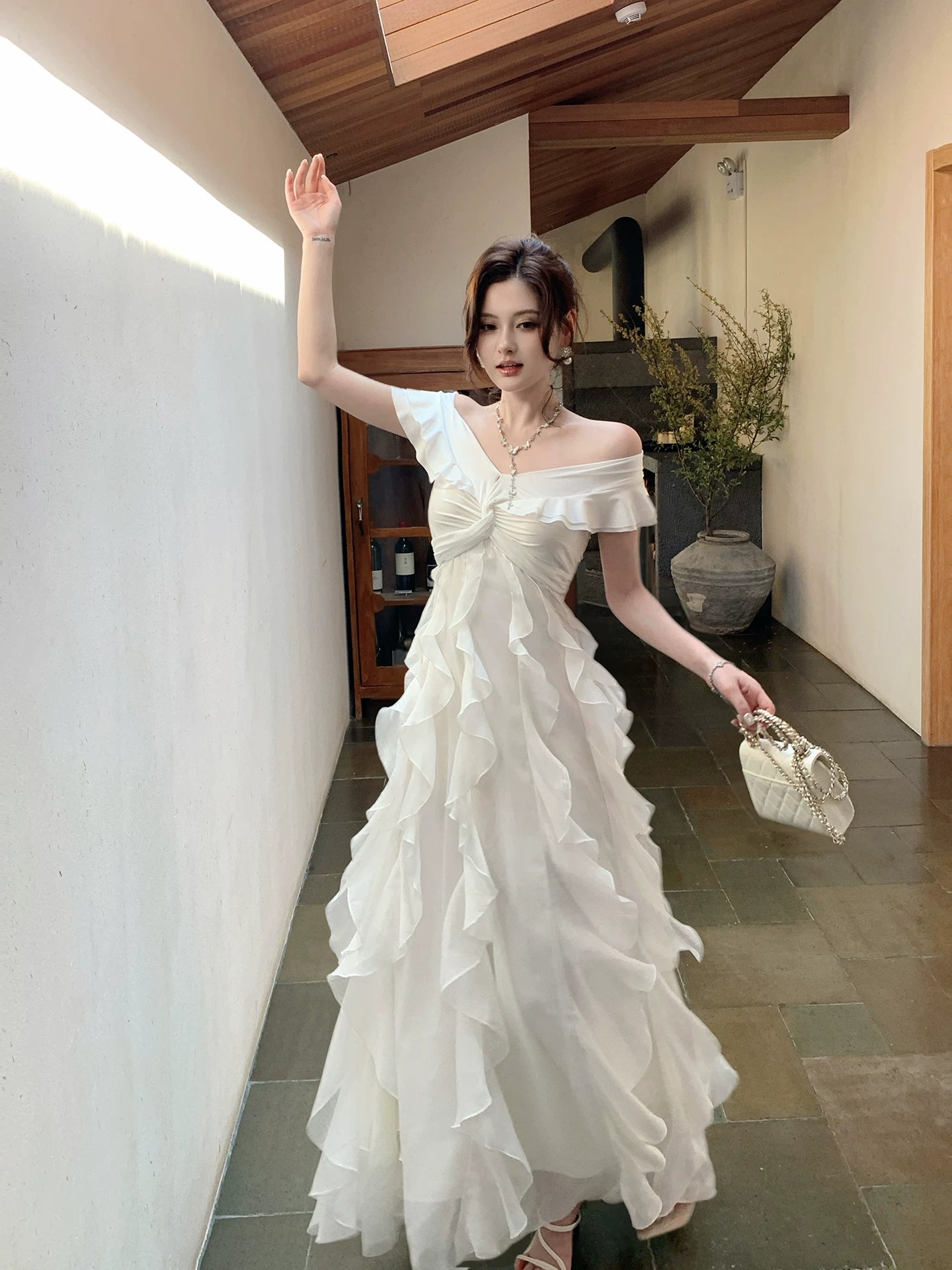 Off The Shoulder White Ruffled Wedding Dress A Line Birthday Dress  P1634