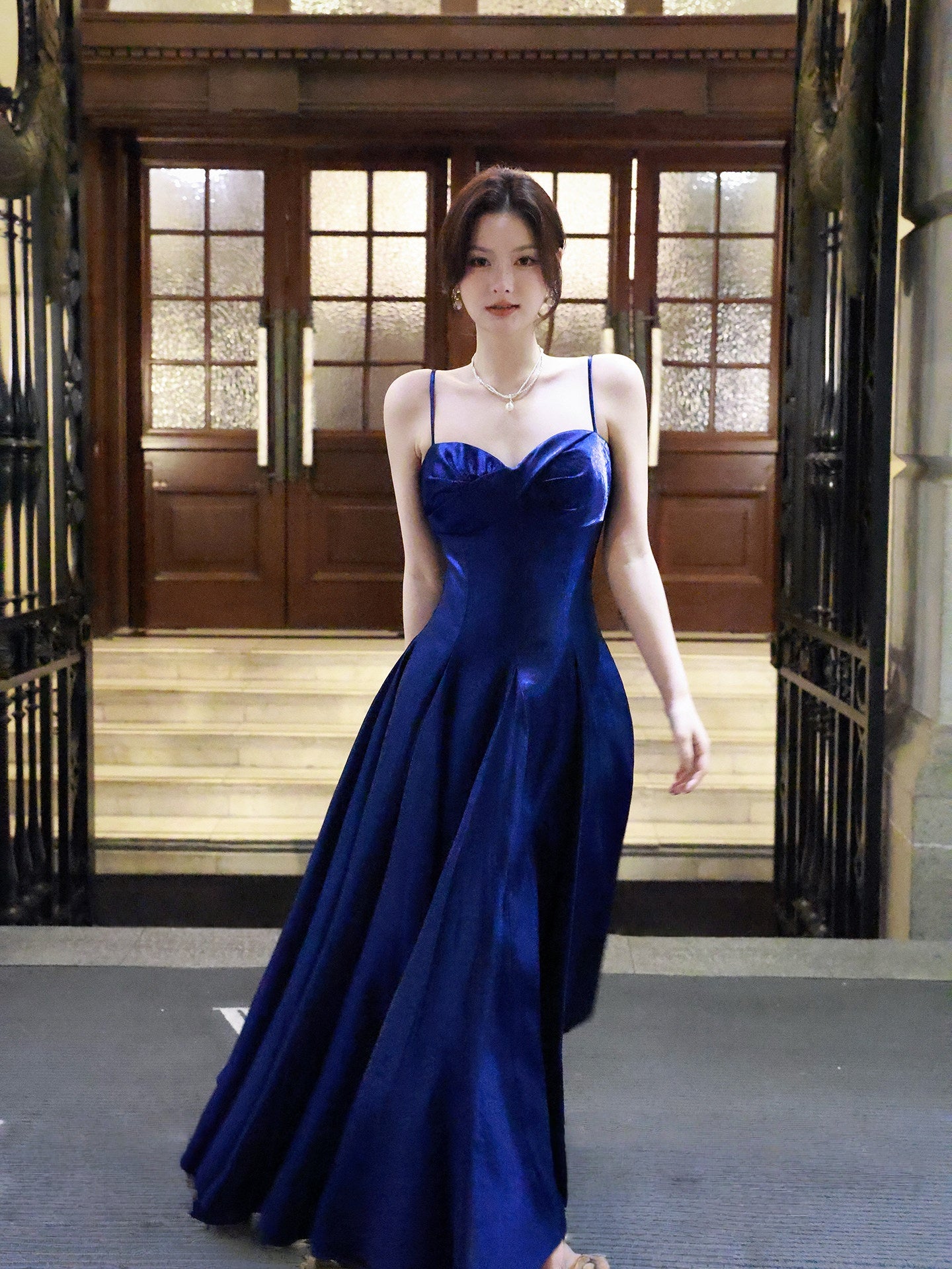 Spaghetti Straps Navy Blue A Line Long Prom Dress  P944