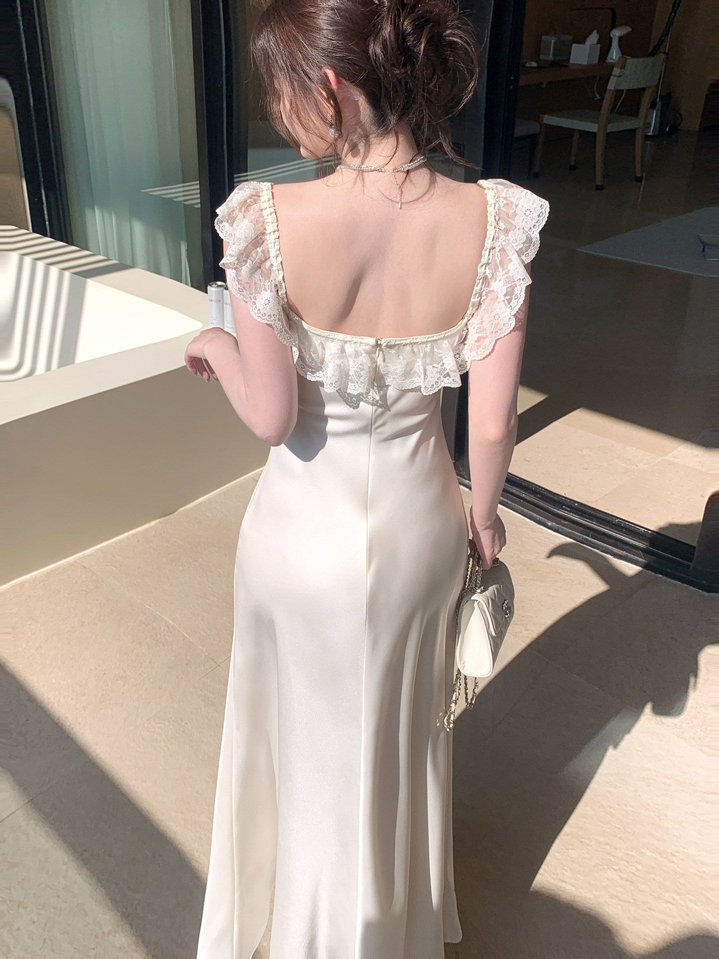 French Style  Satin Lace Square Neck Dress Mermaid  Dress  L67