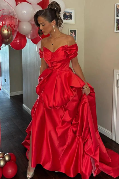 Off-Shoulder Long Red A-Line Formal Long Prom Dress  P2456