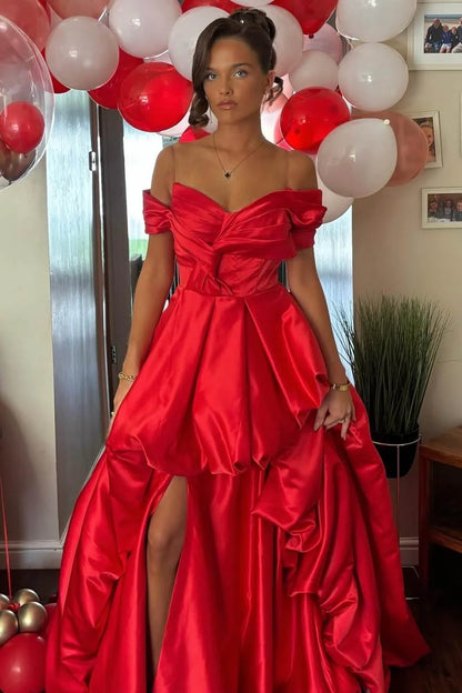 Off-Shoulder Long Red A-Line Formal Long Prom Dress  P2456