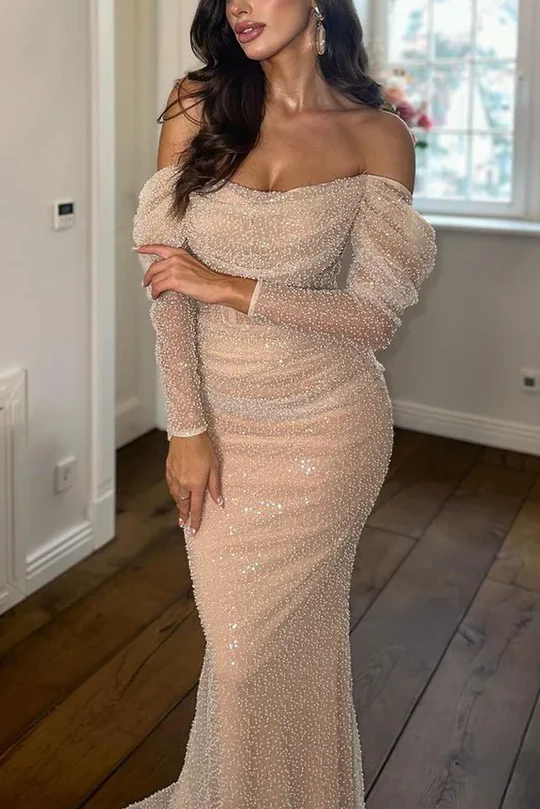 Off-Shoulder Long Sleeves Glitter Mermaid Prom Evening Dress P848