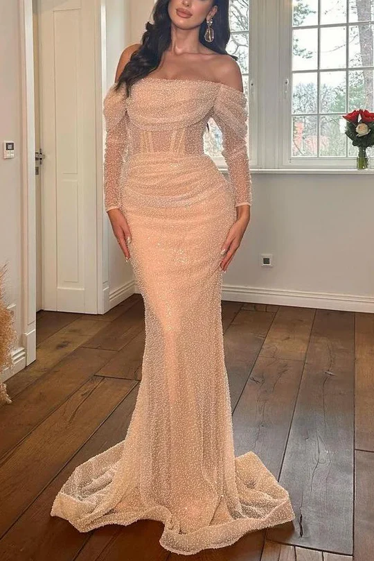 Off-Shoulder Long Sleeves Glitter Mermaid Prom Evening Dress P848